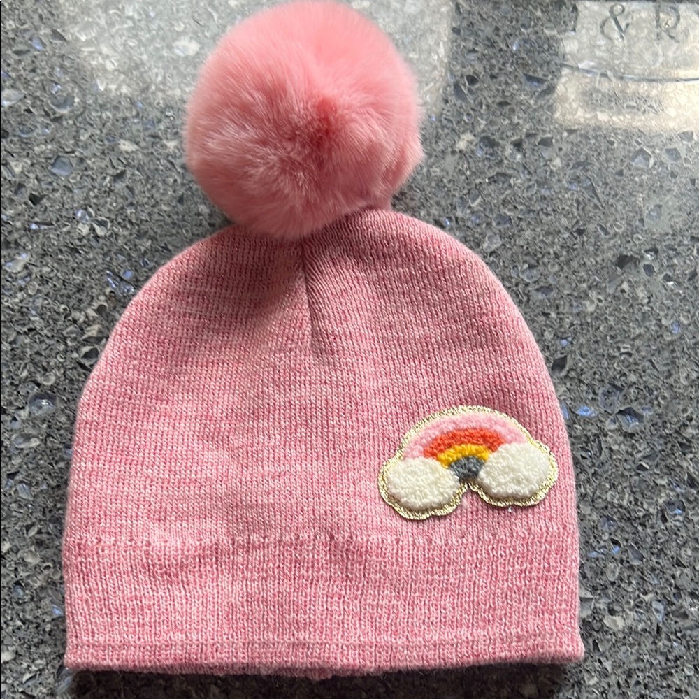 Pink Knit Hat with Pom-Pom and Rainbow Patch
